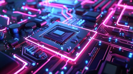 Fototapeta premium Neon Circuit Board: A Close-Up View of Advanced Technology
