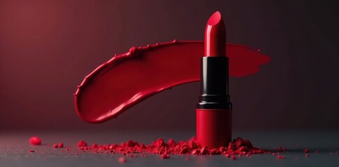 Deep red lipstick bullet, partially smudged, isolated backdrop , cosmetic, intense, glamour