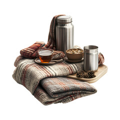 Winter Picnic Set with Blanket, Tea Cup, and Mug Isolated on Transparent Background