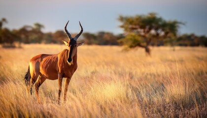 Fototapeta premium Vivid Red Hartebeest, Alcelaphus buselaphus caama, Strikingly Framed Against the African Savannah at Sunset, Botswana3 at