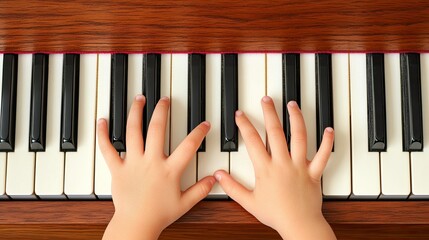 Close-up of a girl's hands learning piano, small fingers exploring the keys during her music lesson in a quiet room