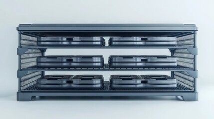 Modern industrial shelving unit displaying various storage containers in a clean, minimalistic space