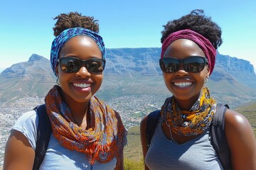  Smiling siblings on scenic mountaintop adventure with backpacks and colorful scarves, sunny day travel experience