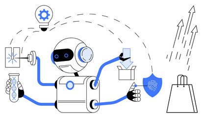Robot conducting DNA analysis, inventing an idea, downloading files, enhancing security, and driving growth. Ideal for technology, automation, innovation, data security biotech AI e-commerce