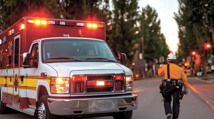 Ambulance with flashing lights on street as medical professional approaches