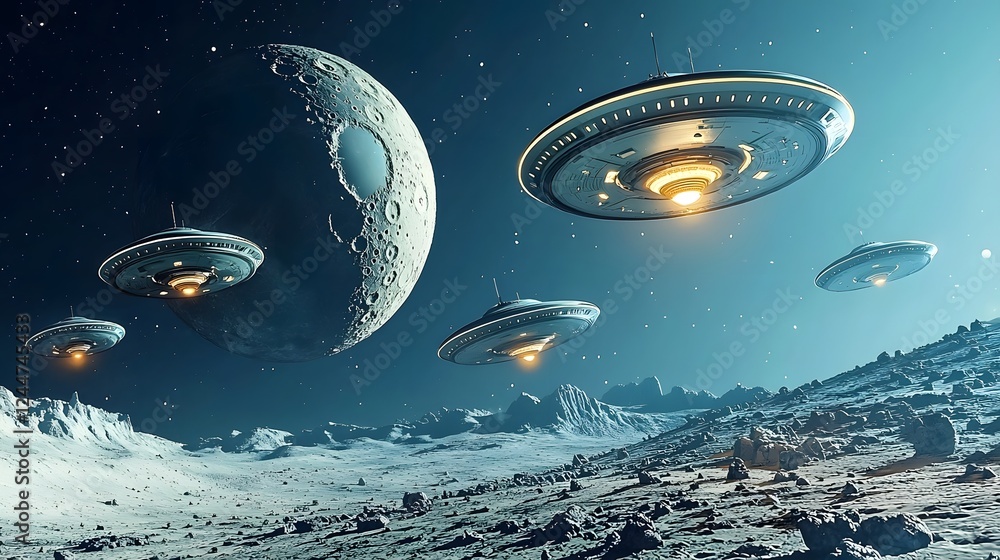 Poster mysterious fleet of unidentified flying objects emerging from a hidden base on the surface of the mo