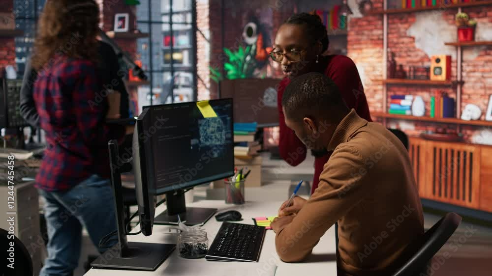 Poster ai startup engineer leaving questions written on sticky notes for manager, needing help. artificial 
