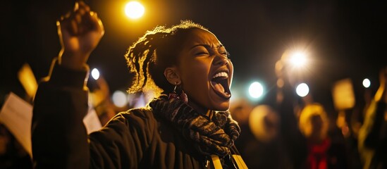 Activist African Woman Angry Shouting Raising Fist at Night Protest for Human Rights, Dark Theme