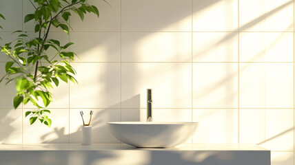 Fototapeta premium a sleek ceramic washbasin and a modern faucet, illuminated by soft morning sunlight casting gentle shadows, creating a clean and elegant product display backdrop.