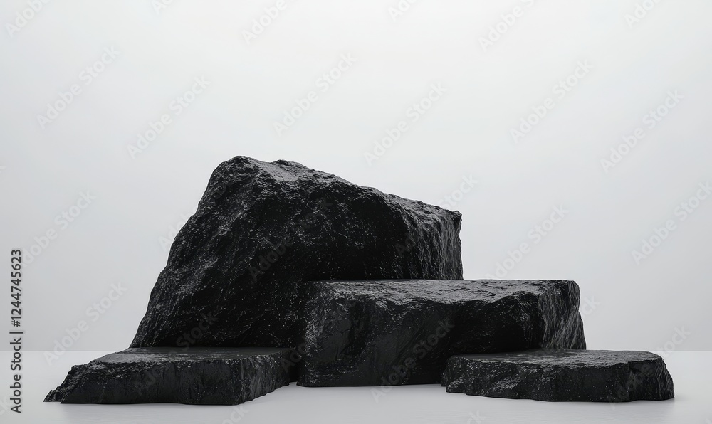 Poster presentation mock-up of a minimalist design with black coal stones as pedestals, incorporating copy 