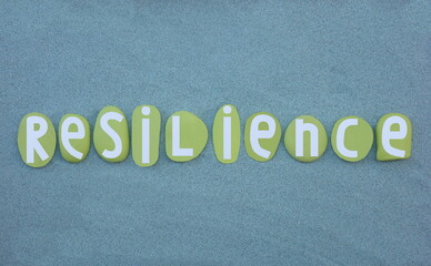 Resilience, the capacity to withstand or to recover quickly from difficulties, word composed with green colored hand painted stone letters over green sand