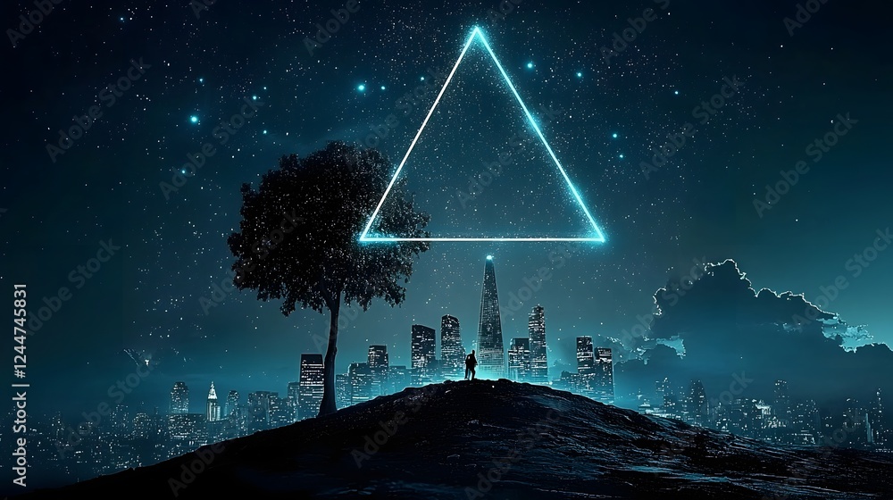 Poster mysterious glowing triangle shape appears in the night sky casting an ethereal glow over the futuris