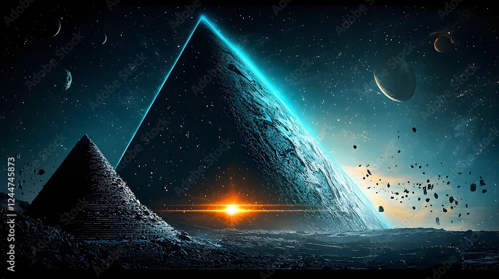 Poster mysterious glowing triangular anomaly hovering in the night sky against a backdrop of stars planets 