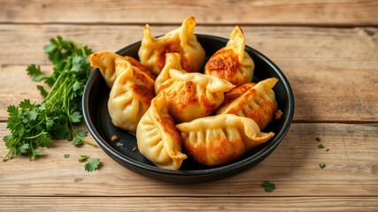 Fototapeta premium Pan-fried dumplings on a wooden table with fresh herbs scattered around them, steamed buns, soft center
