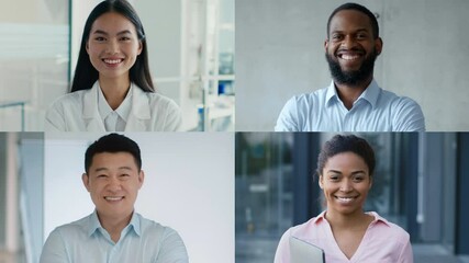 Four professionals of different backgrounds pose together in a contemporary office, showcasing smiles and camaraderie in a bright, inviting atmosphere that promotes teamwork.