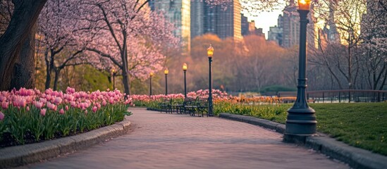 Blooming Path: Spring tulips, vibrant city park walkway, peaceful scenic sunlight