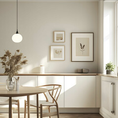 Frontal view of a clean minimalistic and bright kitchen wall in BoliaBonconcept style The wall features a few small picture frames in natural and relaxing colors So
