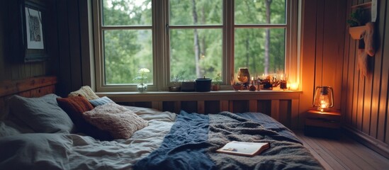Cozy Cabin Bedroom Interior at Dusk