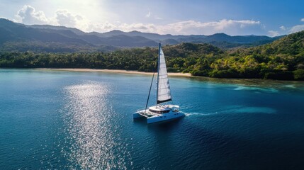 Catamaran Sailing Near Tropical Island Coastline Surrounded By Blue Ocean and Greenery