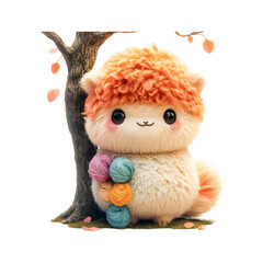 Fluffy 3D Cartoon Alpaca with Colorful Yarns Isolated on Transparent Background