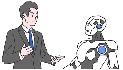 AIロボットと会話するビジネスマン