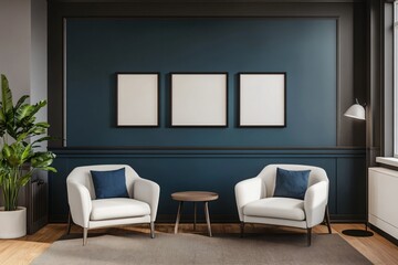 Elegant guest room interior with two armchairs and blue accent wall.