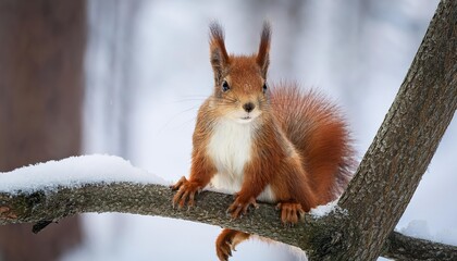 Enchanting Closeup of a Vibrant Red Squirrel Perched on Snowy Tree Branch Amidst Winter Forest, Capturing the Tranquility and Wild Beauty of a Frozen Landscape.