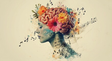 Conceptual illustration depicting the fusion of creativity and intellect, showcasing a woman s head adorned with flowers and musical notes, symbolizing the connection between nature and music