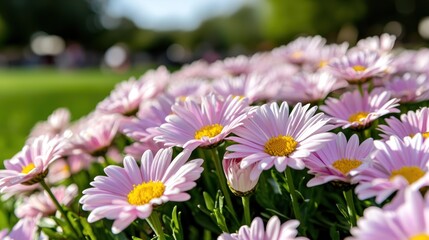 Obraz premium A close-up view of pink daisies blooming in a lush green field.
