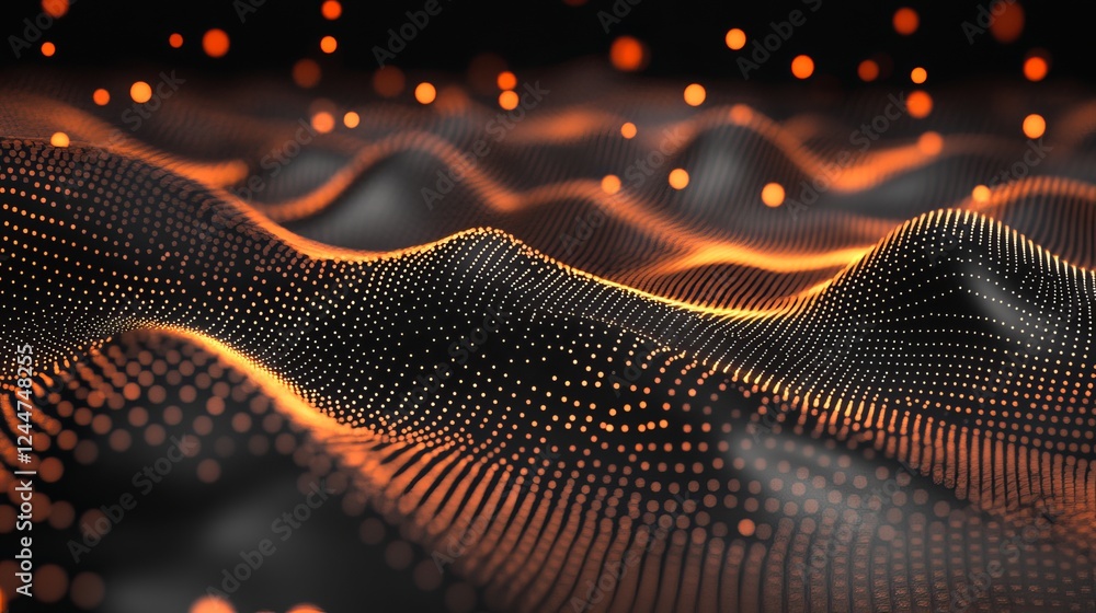 Poster with a black background, glowing particles reminiscent of embers from a fire are scattered, creating