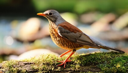 Striking Redlegged Thrush Turdus plumbeus Perched on a Branch Amidst lush Green Forest Floor, Showcasing Its Plumage and Vibrant Surroundings.