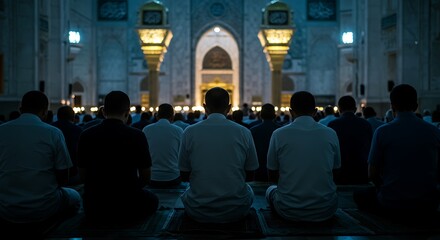 Muslim Men Praying in Mosque at Night Peaceful Scene