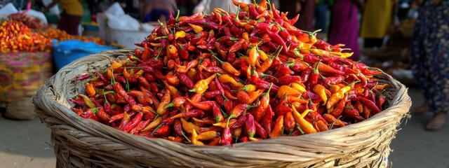 Naklejka premium Vibrant Red and Orange Chili Peppers in Woven Basket at Market