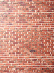 Red brick wall with uniform rectangular bricks in a herringbone pattern, building, masonry