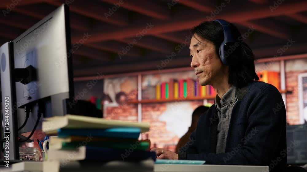 Poster senior admin coding advanced ai algorithm in startup office, refining machine learning models to enh