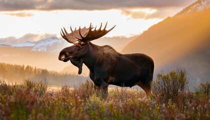 Majestic Regal Bull Moose in Winter Wilderness Power and Grace Amidst Frosty Landscape at Dawn