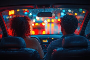 Couple enjoying a rainy night drive through city lights