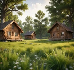Obraz premium Rustic wooden cabins in a grassy meadow with bokeh style background scene, climate emergency, tranquility, environmentalism, slow living