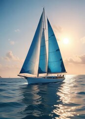 Fototapeta premium Sailboat with sails full of wind on a clear blue sea, , sailboat, calm