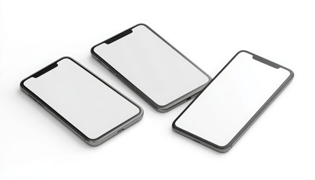 Three Smartphones:  Three sleek modern smartphones arranged in a triangular composition, showcasing a blank screen for app presentation, mockups, and showcasing product designs.  