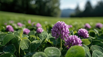 A close-up of vibrant purple clover flowers amidst lush green foliage in a serene landscape.
