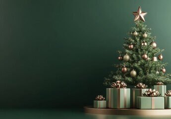 Fototapeta premium Elegant Christmas Decor: A beautifully decorated Christmas tree stands adorned with gold and green ornaments.