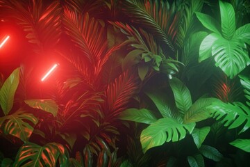 Lush green tropical foliage with red neon lights, creating a vibrant atmosphere ideal for summer events or botanical themed projects