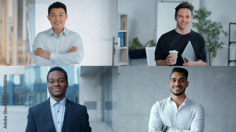 Poster a diverse group of men of varying backgrounds stand confidently, smiling in a modern office environm