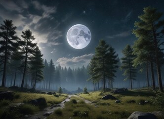 serene forest landscape with a full moon and stars in the sky, brown beige canvas, nighttime forest, dark blue horizon line