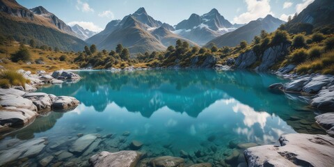 Serene blue pool in the heart of Mount Aspiring National Park, serene landscape, reflective surface, mount aspiring