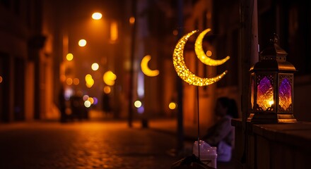 Fototapeta premium Night Street Scene with Crescent Moon Lights and Lantern