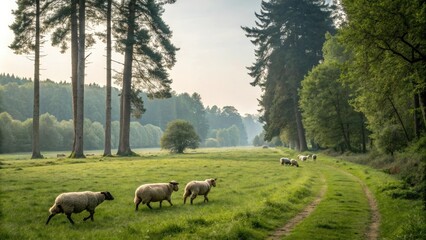 Fototapeta premium Sheep walk through a tranquil meadow surrounded by tall trees, peaceful atmosphere, wildlife photography, rural setting, farm life