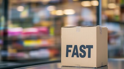 Fast Delivery Promise: A cardboard box with the word "FAST" printed on it, representing the promise of swift and efficient shipping and delivery.  