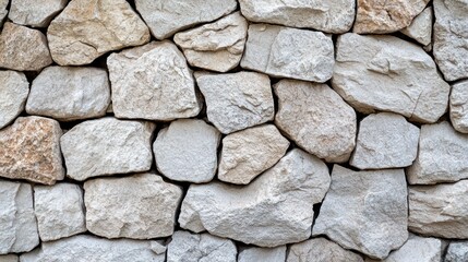Fototapeta premium A textured stone wall made of various shapes and sizes of light-colored stones.